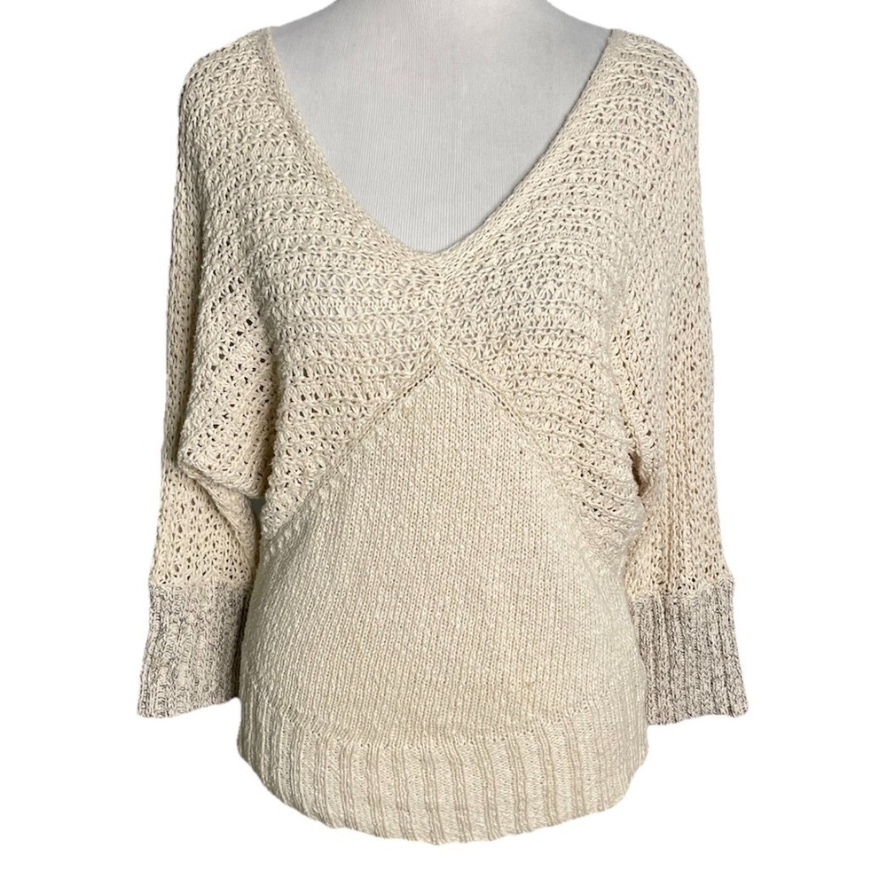 Anthro Sparrow V-Neck Dolman Sleeve Open Knit Crochet Cream Sweater Coastal S